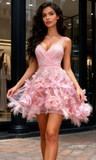 Short Mini A Line Flower Pink V Neck Homecoming Dress