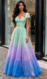 Off The Shoulder Satin Puffy Sleeve Green A Line Prom Dress