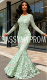 Mint Scoop Trumpet Mermaid Long Sleeve Flower Lace Prom Dress