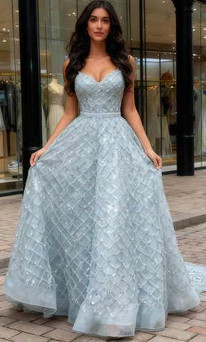 Spaghetti Straps Sparkle Blue A Line Prom Dress