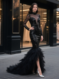 Trumpet Mermaid Sequin High Neck Feather Prom Dress