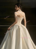 Satin Beading A Line Off The Shoulder Wedding Dress With Slit