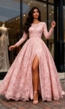 Print Pink Scoop A Line Long Sleeve Prom Dress With Slit