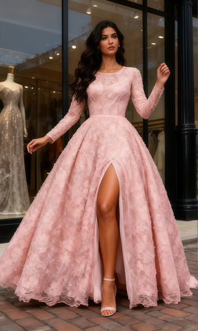 Print Pink Scoop A Line Long Sleeve Prom Dress With Slit