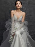 Backless Spaghetti Straps Trumpet Mermaid Tulle Wedding Dress