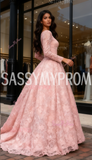 Print Pink Scoop A Line Long Sleeve Prom Dress With Slit