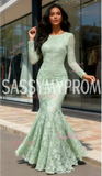 Mint Scoop Trumpet Mermaid Long Sleeve Flower Lace Prom Dress