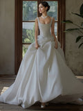 Satin A Line Straps Square Backless White Wedding Dress