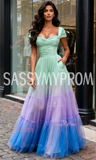 Off The Shoulder Satin Puffy Sleeve Green A Line Prom Dress
