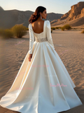 Beading Belt Long Sleeve Ball Gown Satin Sweetheart Wedding Dress