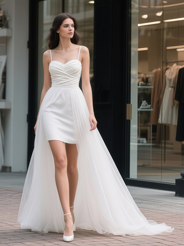 Sheath Column Mini Spaghetti Straps Wedding Dress With Detachable Train