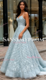 Spaghetti Straps Sparkle Blue A Line Prom Dress