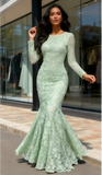 Mint Scoop Trumpet Mermaid Long Sleeve Flower Lace Prom Dress