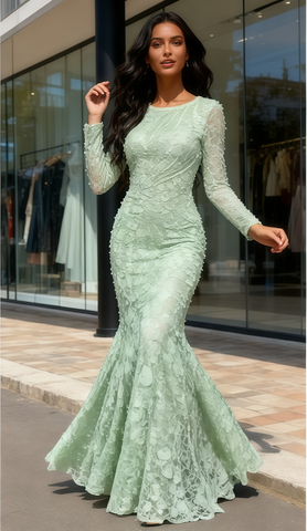 Mint Scoop Trumpet Mermaid Long Sleeve Flower Lace Prom Dress