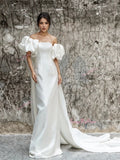 Trumpet Mermaid Puffy Sleeves Satin Off The Shoulder Wedding Dress