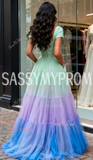 Off The Shoulder Satin Puffy Sleeve Green A Line Prom Dress