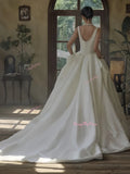 Satin A Line Straps Square Backless White Wedding Dress