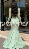 Mint Scoop Trumpet Mermaid Long Sleeve Flower Lace Prom Dress