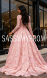 Print Pink Scoop A Line Long Sleeve Prom Dress With Slit