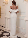 Draped Off-Shoulder Side Slit White Evening Dress