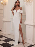 Draped Off-Shoulder Side Slit White Evening Dress