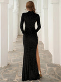 Sequin Glitter Black Long Sleeve Prom Dress with High Slit