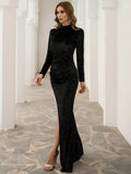 Sequin Glitter Black Long Sleeve Prom Dress with High Slit