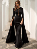 Long  Sleeves Sheer Burgundy Evening Prom Dress