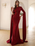 Long  Sleeves Sheer Burgundy Evening Prom Dress