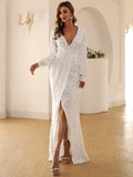 Deep V-Neck High Slit Long Sleeve White Prom Dress