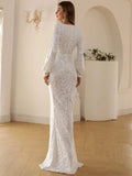 Deep V-Neck High Slit Long Sleeve White Prom Dress