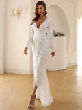 Deep V-Neck High Slit Long Sleeve White Prom Dress