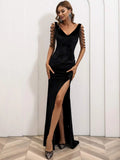 V-Neck Beaded Sleeve Long Black Party Dress