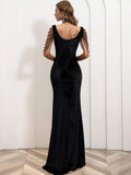 V-Neck Beaded Sleeve Long Black Party Dress