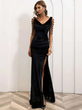 V-Neck Beaded Sleeve Long Black Party Dress