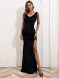 V-Neck Beaded Sleeve Long Black Party Dress