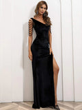 V-Neck Beaded Sleeve Long Black Party Dress