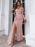 High Slit Sequins One-Shoulder Pink Party Dress