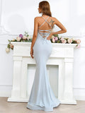 Lace-Up Back Flared Hem Light Blue Evening Dress