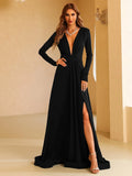 High Slit Deep V-Neck Black Party Dress