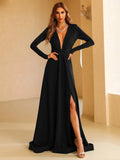 High Slit Deep V-Neck Black Party Dress