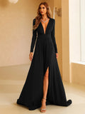 High Slit Deep V-Neck Black Party Dress