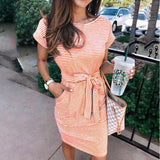 Striped Short Sleeve T Shirt Tie Waist Pockets Dress