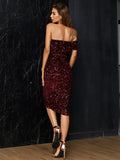 Off-The-Shoulder Burgundy Sequin Mini Party Dress