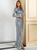 Fabulous Silver Striped Sequin Long Sleeve Prom Dress