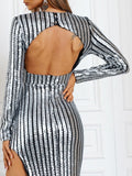 Fabulous Silver Striped Sequin Long Sleeve Prom Dress