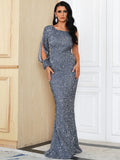 Unique Sleeve One Shoulder Sequin White Evening Dress