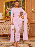 Pastel Lilac Long-Sleeve Midi Evening Dress