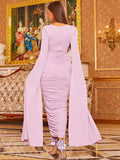 Pastel Lilac Long-Sleeve Midi Evening Dress