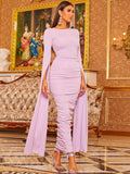 Pastel Lilac Long-Sleeve Midi Evening Dress